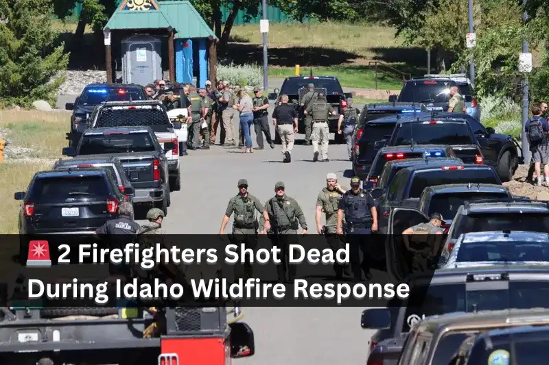 Police and emergency responders gather on a road lined with vehicles with flashing lights. A tense and serious scene unfolds in a wooded area.