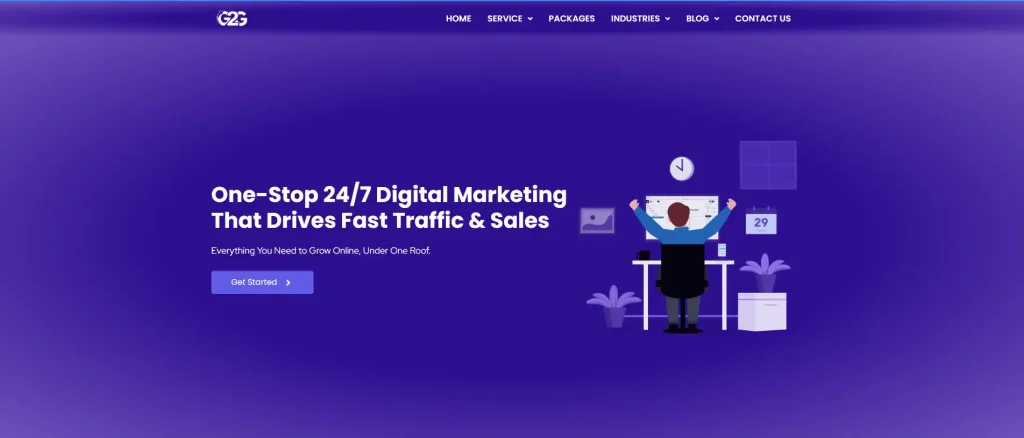 Purple-themed website homepage promoting digital marketing services with bold text 'One-Stop 24/7 Digital Marketing' beside an animated figure at a desk
