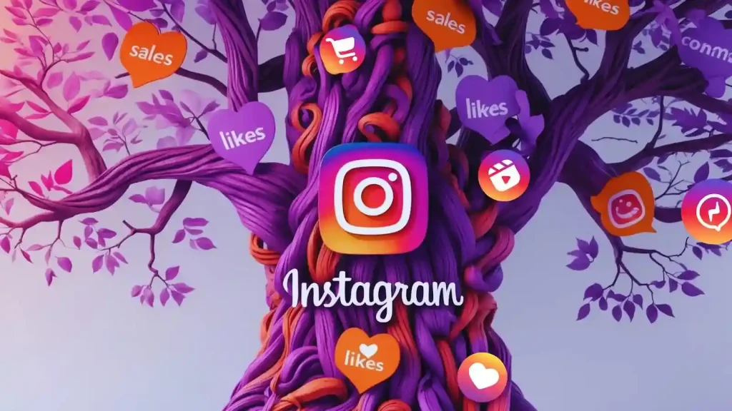 Purple tree with interwoven branches, adorned with orange and purple heart icons labeled "likes" and "sales." Instagram logo at the center.