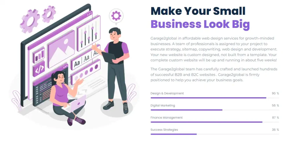 Illustration of two people working on a web design project, surrounded by design elements. Text highlights web services for small businesses. Bars show service percentages.