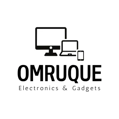 Alt text: "Logo displaying the word 'OMRUQUE' with silhouettes of a desktop monitor, laptop, and smartphone. Text below reads 'Electronics & Gadgets.