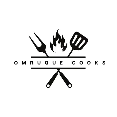 Logo features a grill fork and spatula crossed beneath a flame, with "OMRUQE COOKS" above. Black and white, conveying a sense of culinary expertise.