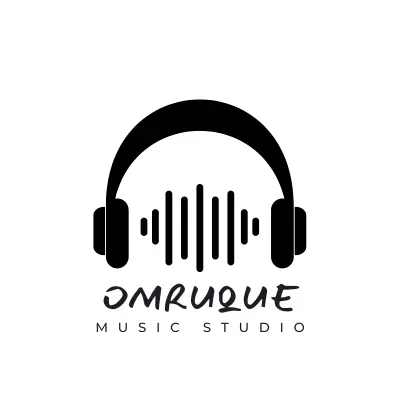 Logo of Omruque Music Studio featuring black headphones with a sound wave graphic inside. Below, "OMRUQUE" in stylized font and "MUSIC STUDIO" in smaller uppercase.