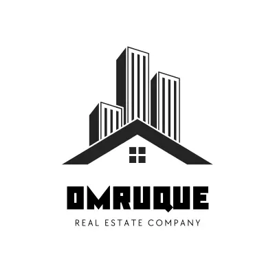 Logo for Omruque Real Estate Company. Features stylized skyscrapers above a house roof with a square window, black text below on a white background.