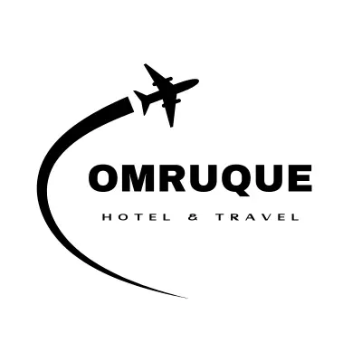 Logo for Omruque Hotel & Travel featuring a stylized airplane soaring above the name. The design is sleek and modern, conveying a sense of adventure.