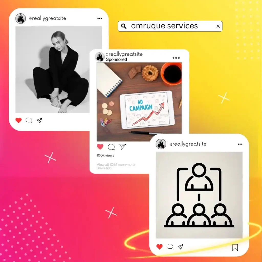 Three Instagram posts on a vibrant gradient background. The first shows a person in a black outfit, the second an "Ad Campaign" graphic, and the third an icon of people connected.