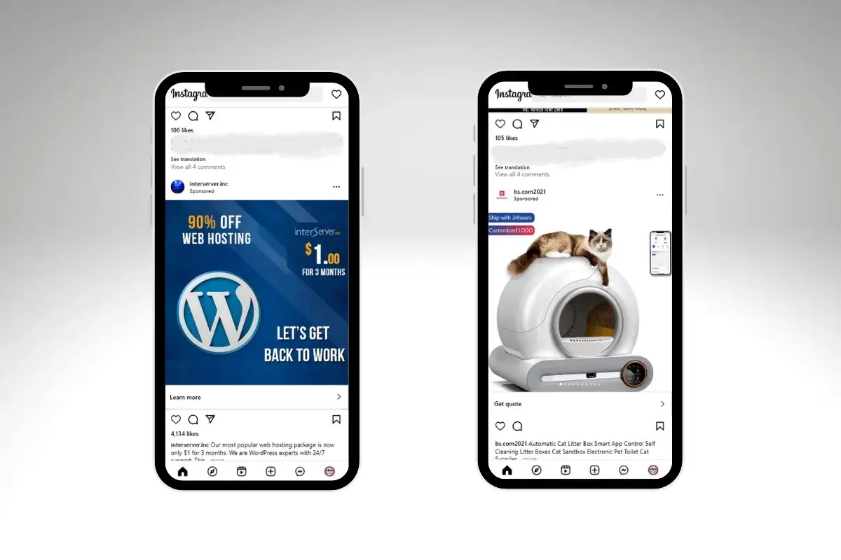 Two smartphone screens display Instagram ads. The left screen shows a 90% off web hosting offer with a WordPress logo on a blue background. The right screen features a cat on a self-cleaning litter box, promoting a pet product. Both ads have sponsored labels.