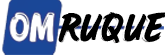 Logo with "OM" in bold white letters on a blue background, followed by "RUQUE" in black, italicized letters. Simple and professional design.
