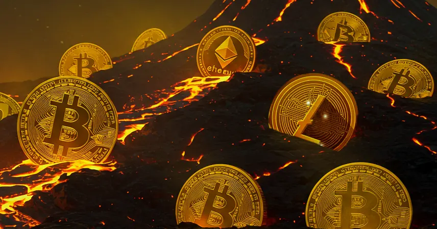 A glowing volcano in the background, with lava flowing down, features various cryptocurrency coins like Bitcoin and Ethereum, symbolizing volatility. FintechZoom.com Crypto Currency.
