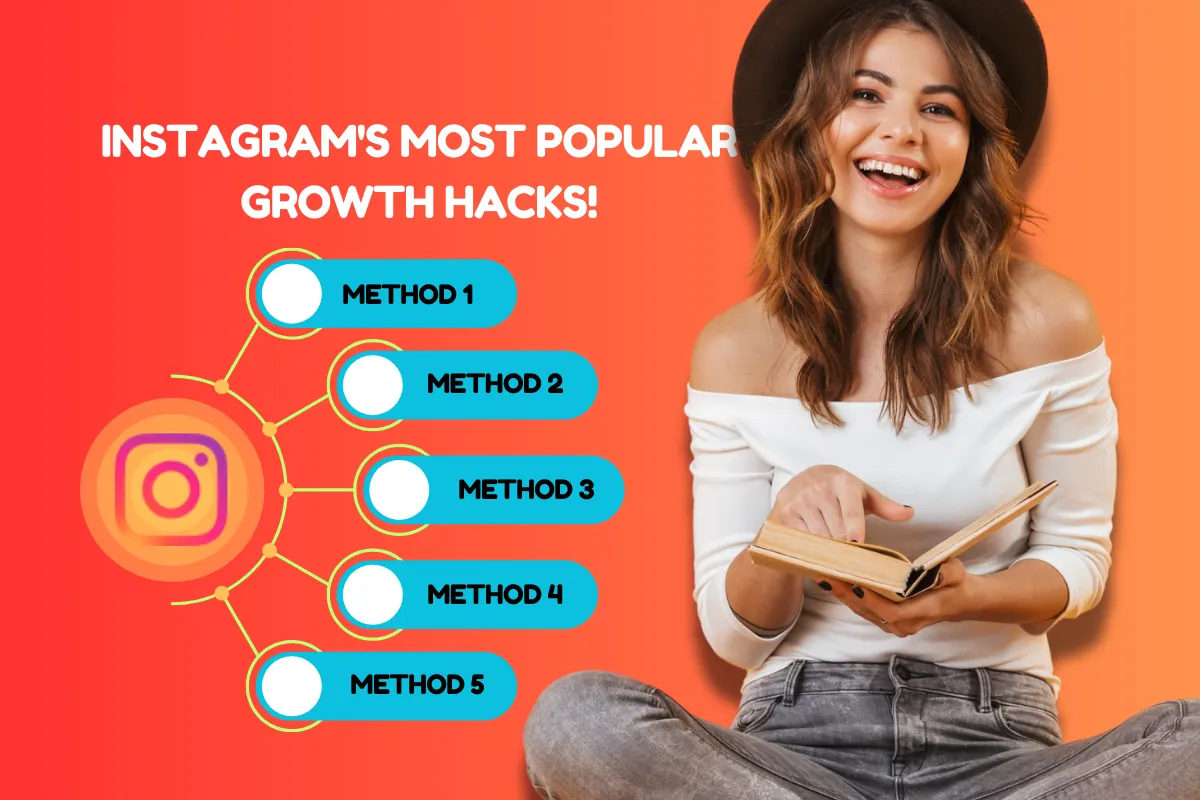 A young woman sits cross-legged, holding an open book, with a vibrant gradient background and text highlighting Instagram growth hacks. and 5 tips