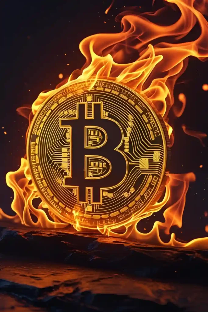 FintechZoom.com Crypto Currency: News and Simple Guides 4 A burning Bitcoin coin with digital circuit patterns, enveloped in bright orange flames against a dark background, symbolizes high stakes or volatility.