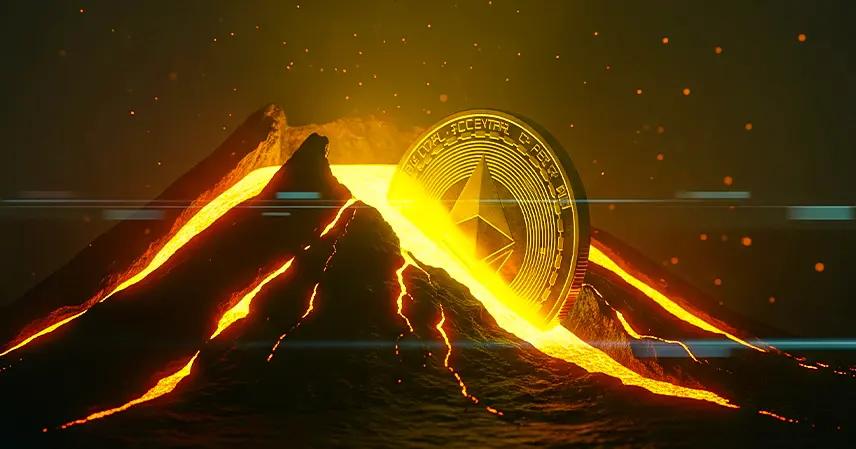 FintechZoom.com Crypto Currency: News and Simple Guides 3 A glowing Ethereum coin emerges from a volcano, surrounded by bright lava streams and molten rock, symbolizing energy and innovation against a dark background.