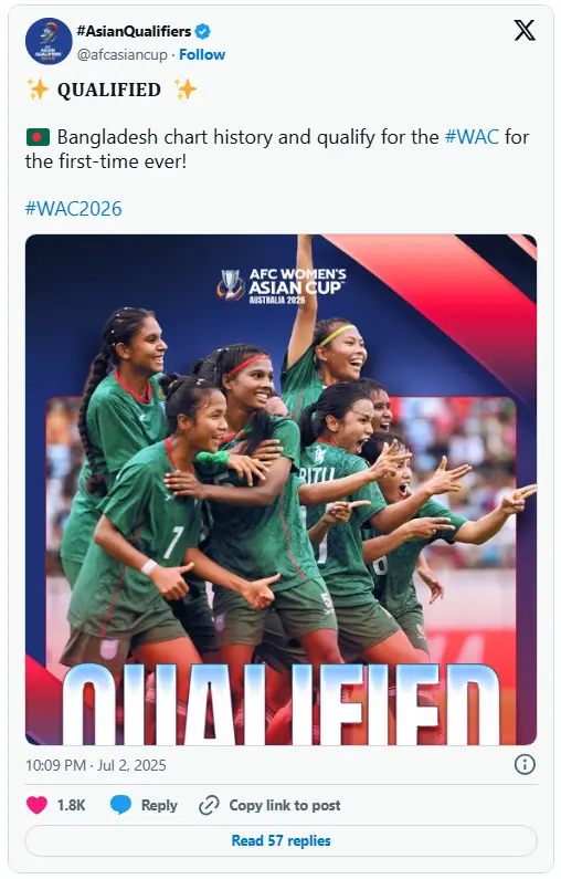 Bangladeshi women make history by qualified for the AFC Asian Cup football 4 Bangladesh women's soccer team celebrates on the field, smiling and embracing. Text overlay: "QUALIFIED" for AFC Women's Asian Cup 2026. Excited atmosphere.